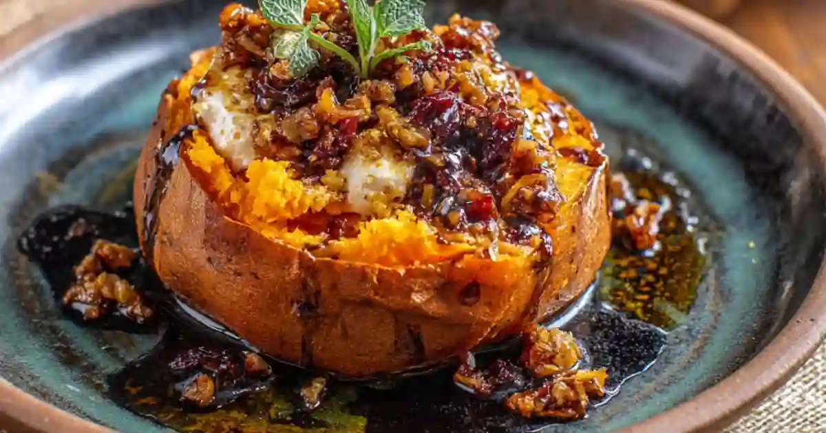 Baked sweet potato topped with candied pecans, cranberries, melted butter, and herbs on a rustic plate