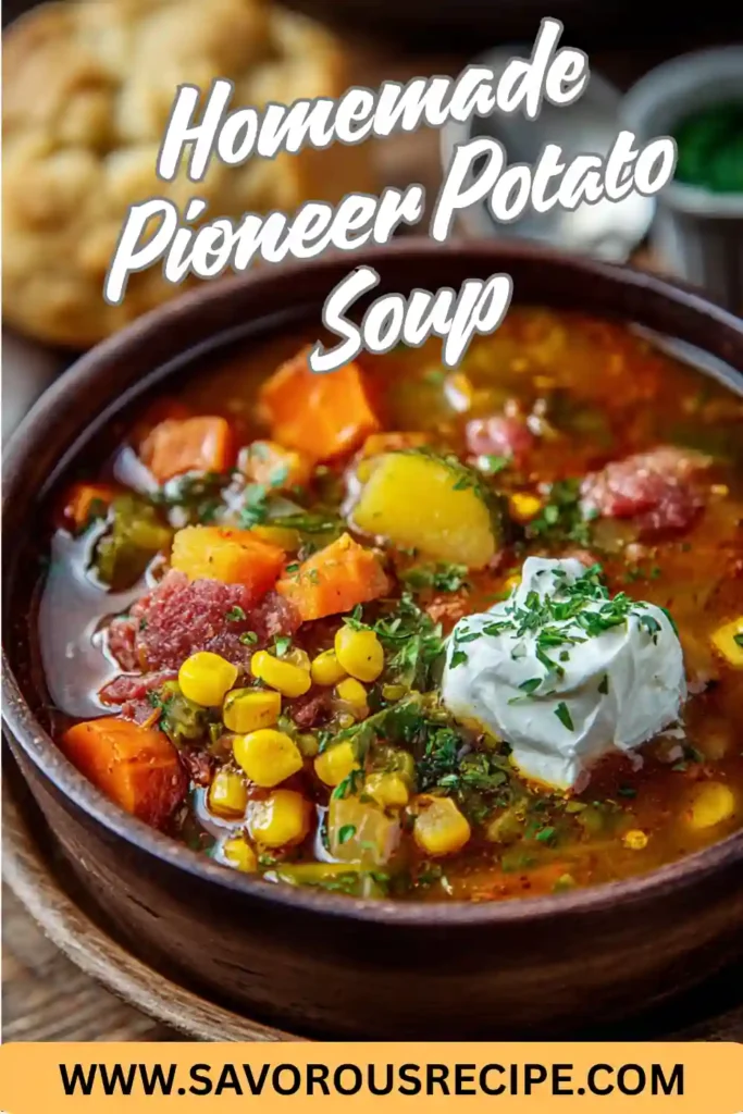 homemade pioneer potato soup in rustic bowl with corn, carrots, bacon, potatoes and sour cream