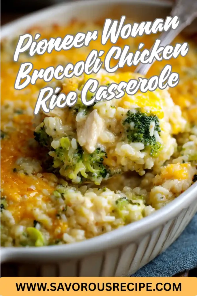 pinterest pin of broccoli chicken rice casserole with melted cheese and text overlay