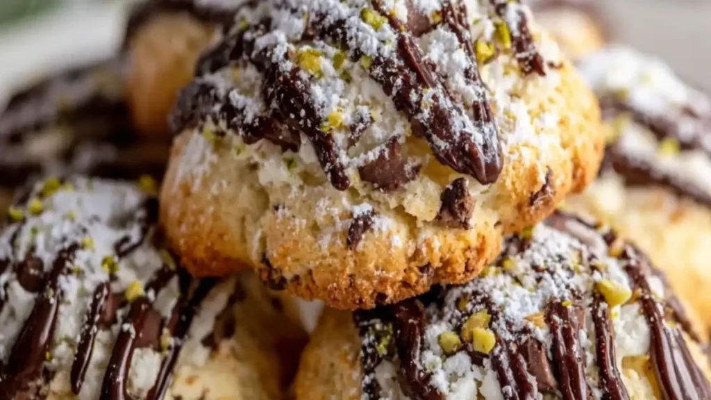 pistachio cannoli cookies with whipped filling, chocolate drizzle, and powdered sugar