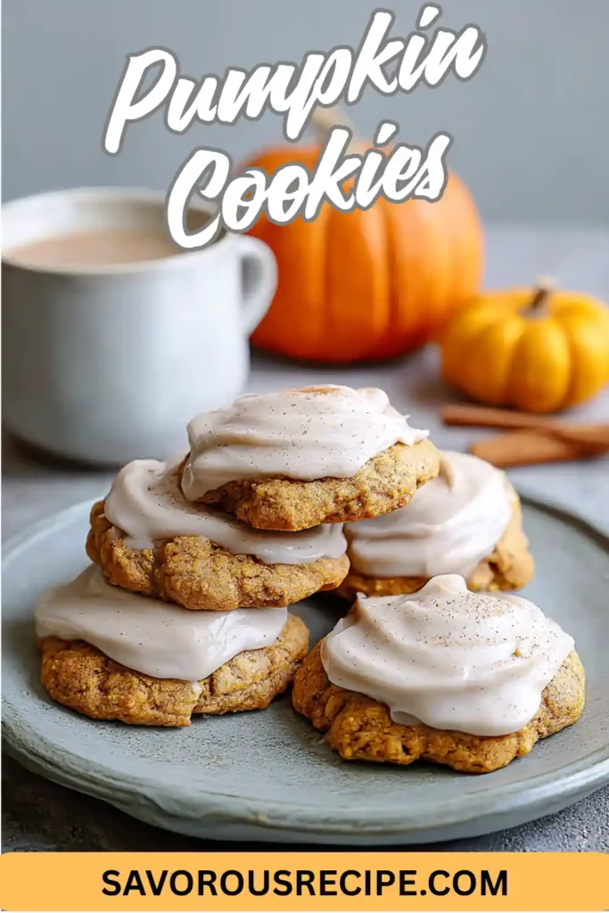 Soft pumpkin spice cookies with cream cheese frosting on a plate, perfect for fall desserts.