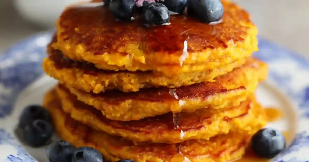 Stack of golden pumpkin pancakes with maple syrup and blueberries on a blue-patterned plate