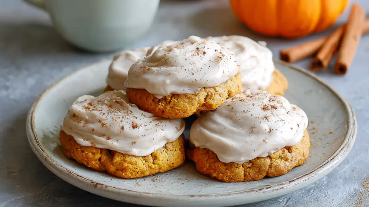 frosted pumpkin spice cookies topped with cinnamon on a ceramic plate