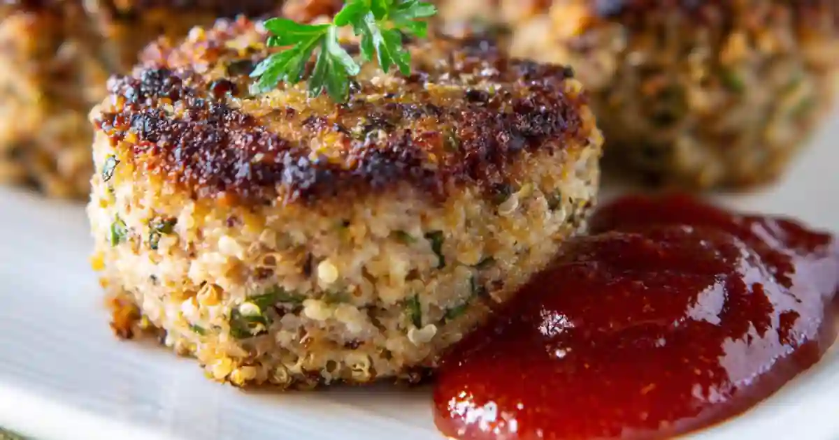 Crispy quinoa veggie patty served with tomato-based dipping sauce, garnished with parsley