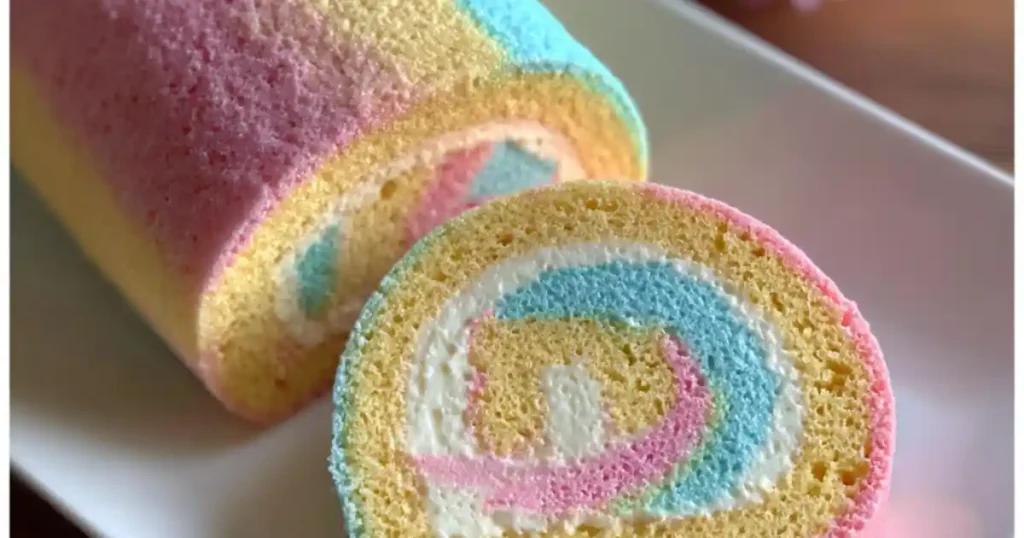 colorful rainbow swiss roll with pastel sponge and creamy swirl filling on white plate