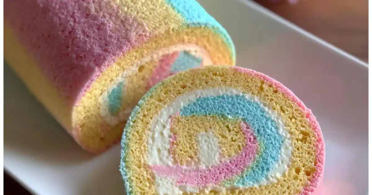 colorful rainbow swiss roll with pastel sponge and creamy swirl filling on white plate