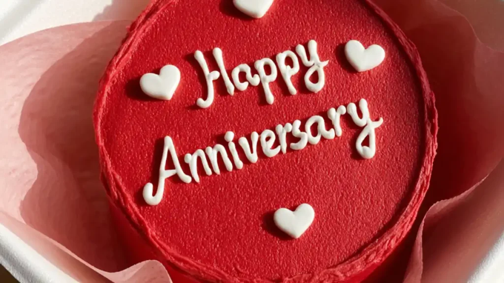 Red bento cake with white icing text “Happy Anniversary” and heart decorations