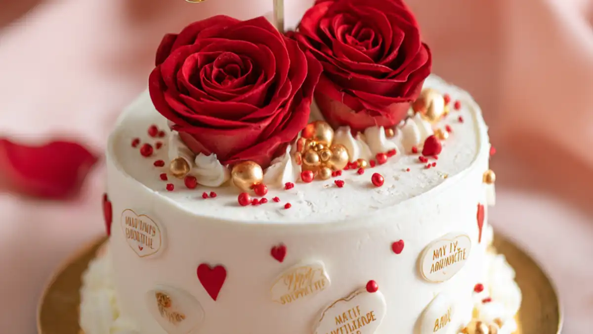 White cake topped with red roses, gold pearls, and heart accents on pink background