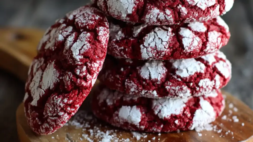 stacked red velvet crinkle cookies with powdered sugar on wooden board