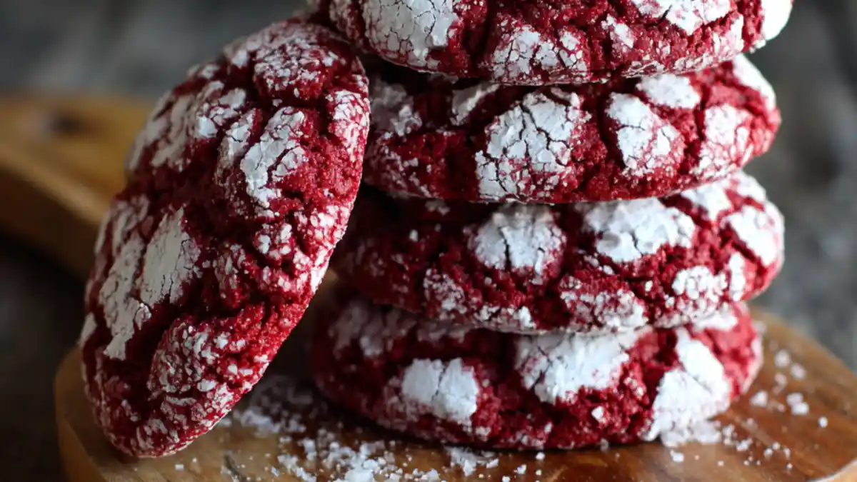 stacked red velvet crinkle cookies with powdered sugar on wooden board