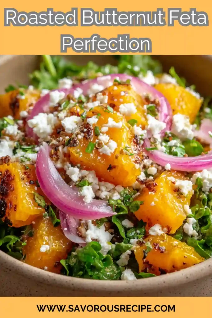 roasted butternut squash salad with feta, red onion, and herbs in a stoneware bowl