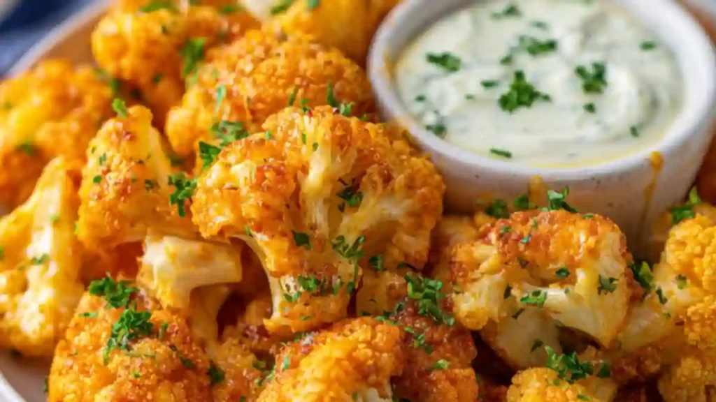 crispy roasted cauliflower florets with herbs served alongside creamy ranch dip in a ceramic bowl