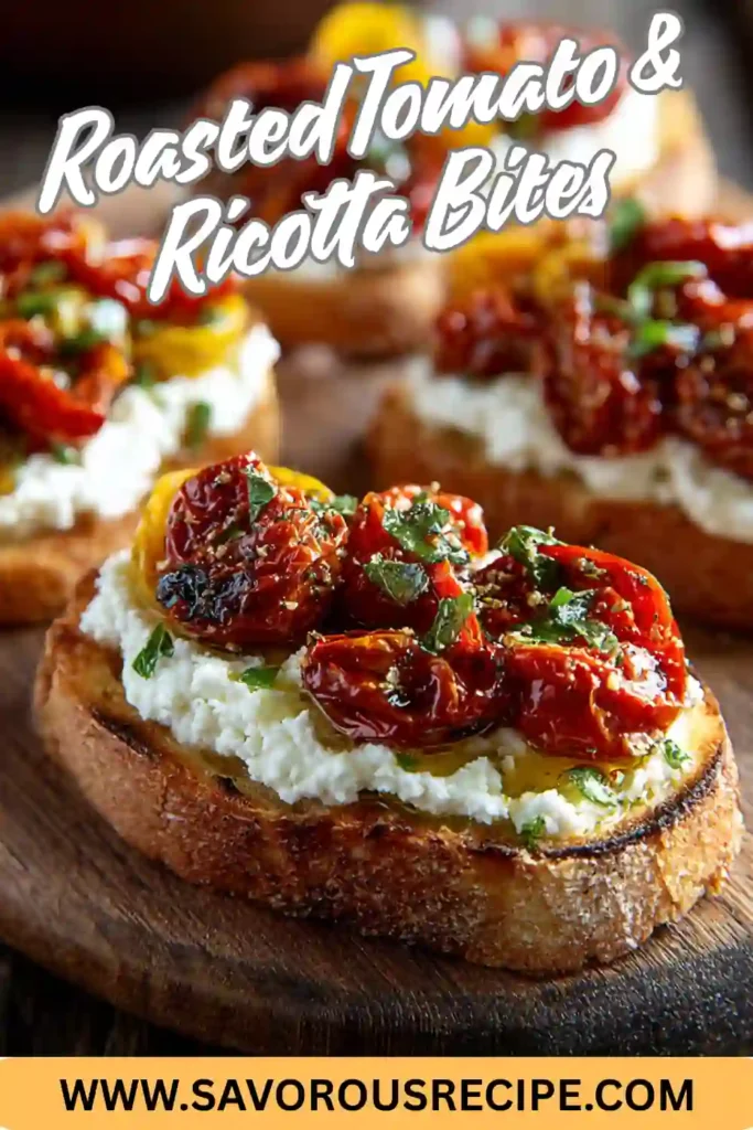 Toasted bread topped with whipped ricotta and roasted cherry tomatoes, garnished with herbs and olive oil