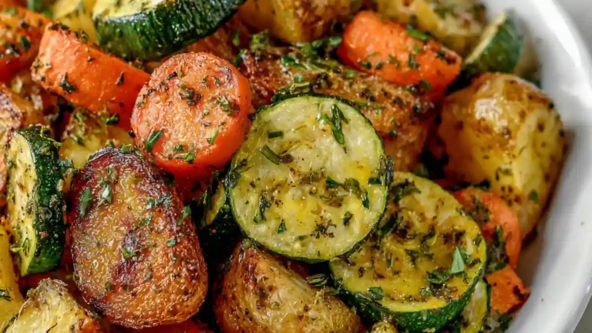 roasted carrots, zucchini, and baby potatoes with herbs and seasoning