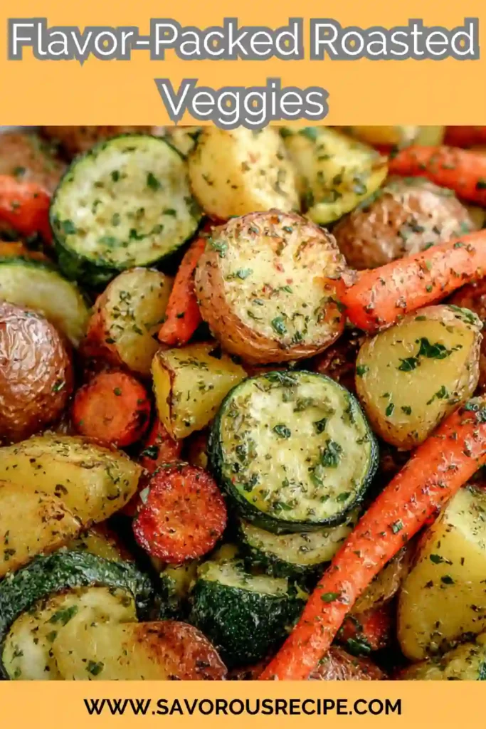colorful roasted vegetables with carrots, potatoes, zucchini and bold seasoning text overlay