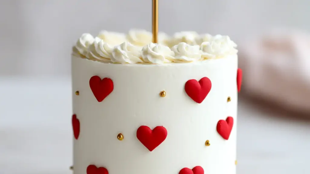 Tall white bento cake with red heart decorations, gold accents, and whipped topping