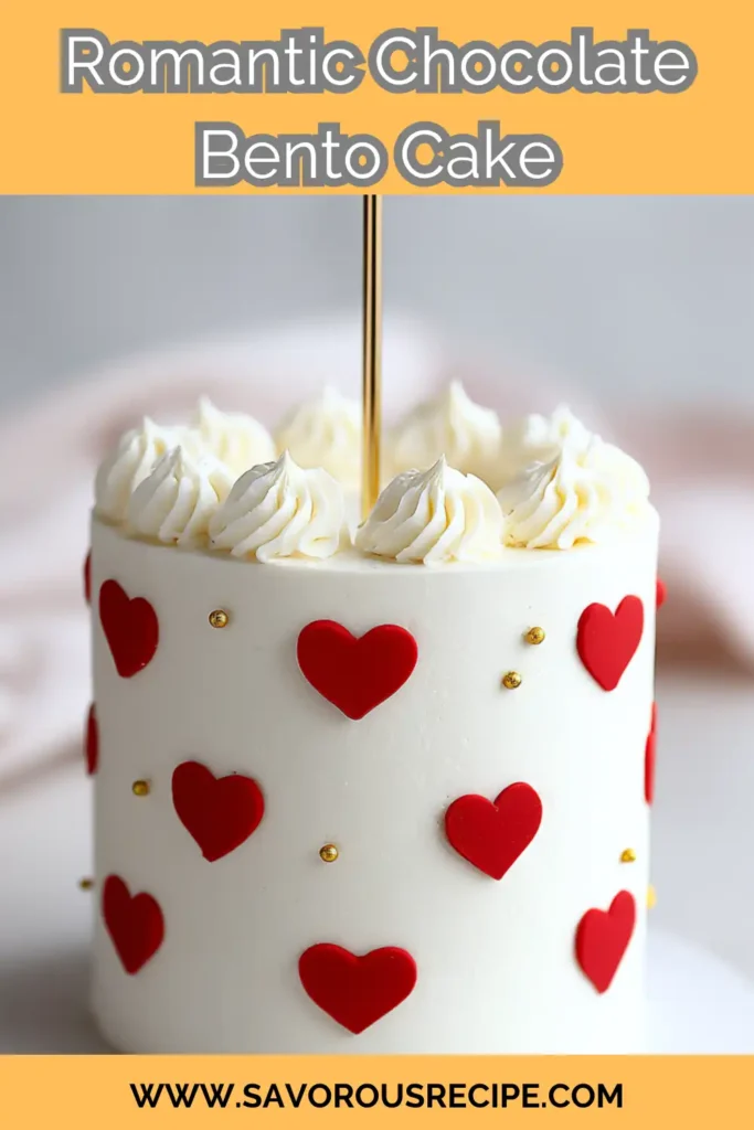 White bento cake decorated with red hearts, gold sprinkles, and whipped cream swirls