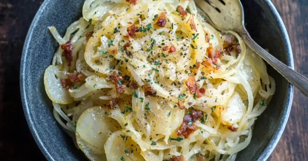 bowl of potato noodles with crispy bacon, black pepper, and herbs