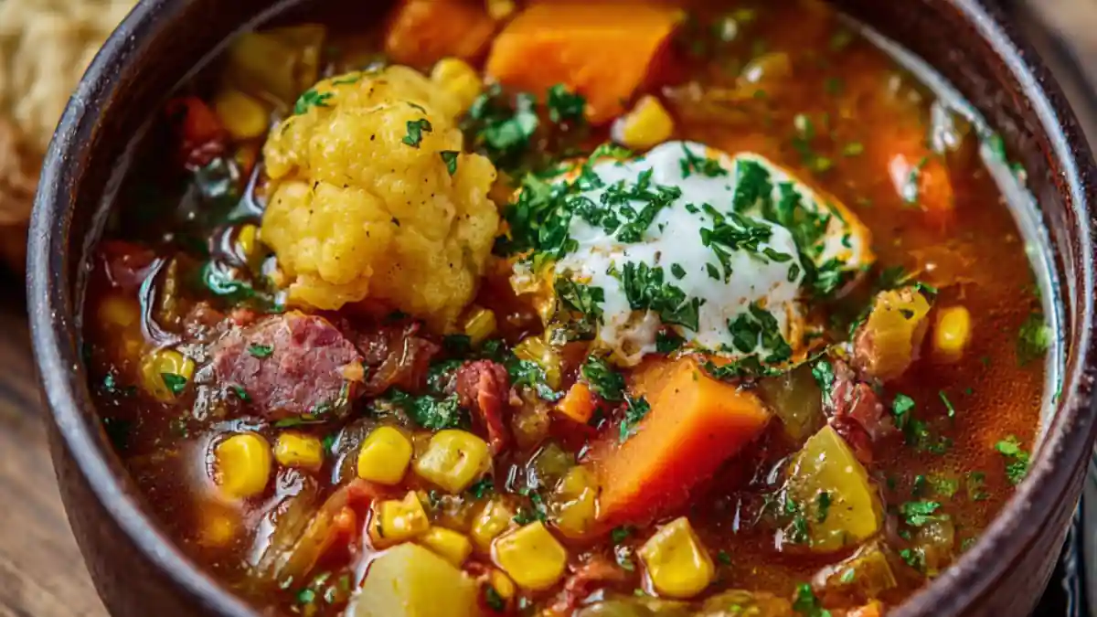 savory beef and vegetable soup with corn, carrots, dumplings, and sour cream in rustic brown bowl