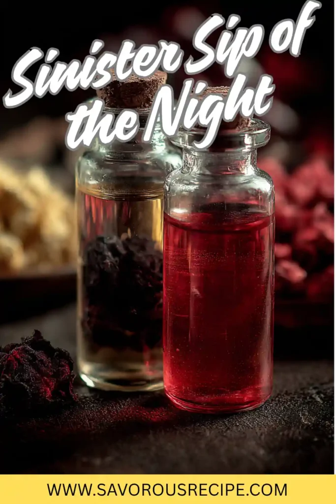 Two potion bottles filled with red and golden liquid on a dark surface with dried flowers in the background