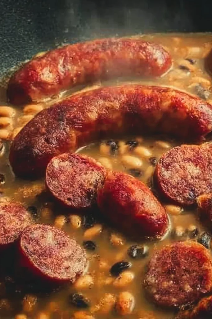 Delicious smoked sausage served with black-eyed peas in a bowl