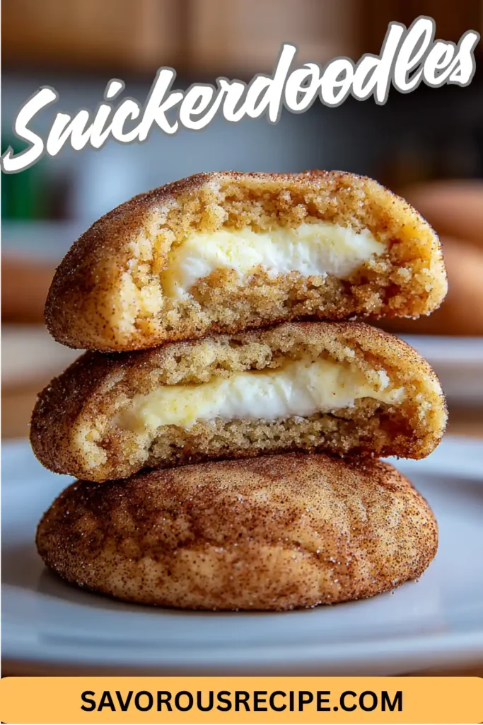 Soft snickerdoodle cookies with cream cheese filling stacked on a white plate