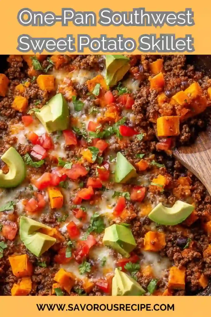 one-pan southwest sweet potato skillet with ground beef, avocado, tomatoes, and melted cheese