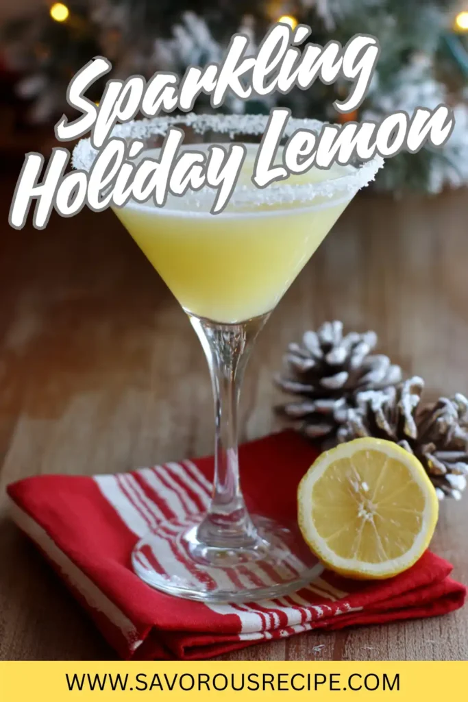 Sparkling lemon cocktail in martini glass with sugared rim, pinecones, and festive napkin