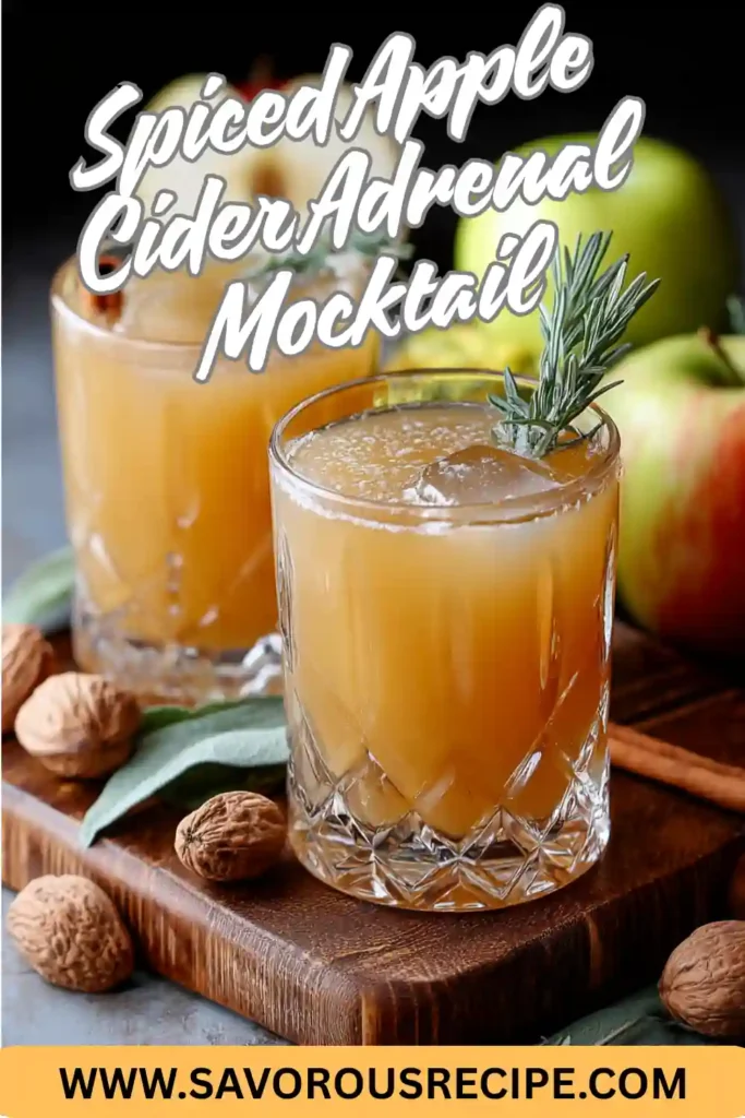 spiced apple cider adrenal mocktail with rosemary, walnuts, and apples in crystal glasses