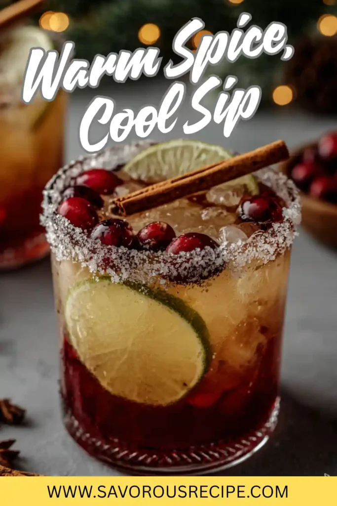 Holiday spiced cocktail with cranberries, lime slices, and cinnamon stick in sugared glass, festive background