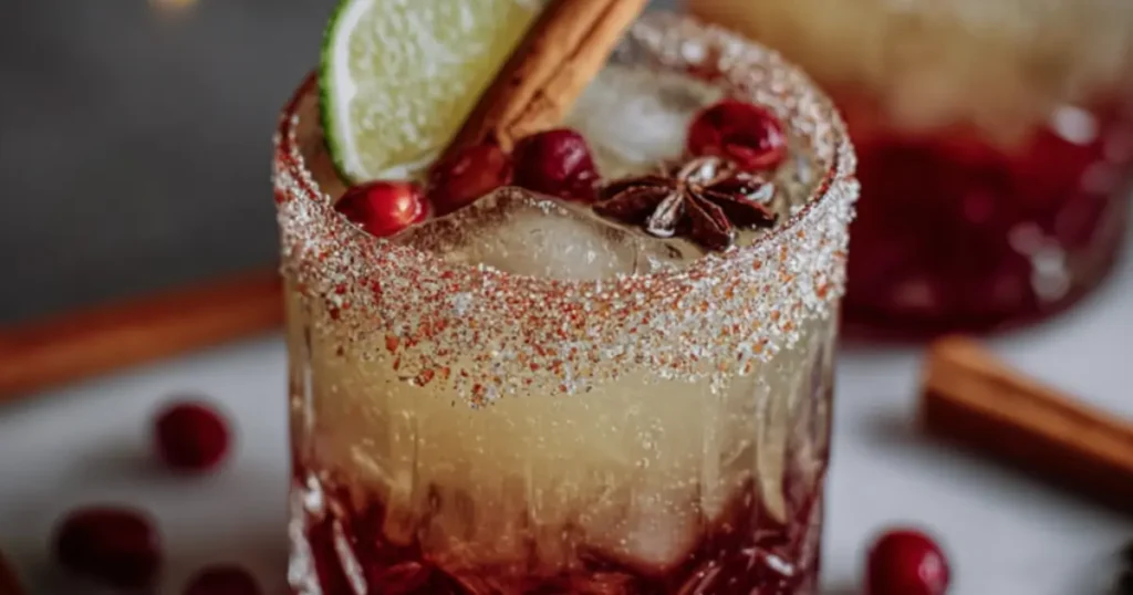 Festive spiced cocktail with cranberries, lime wedge, cinnamon stick, and sugared rim in a short glass