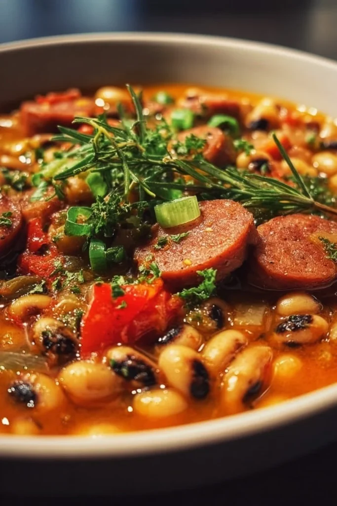 A delicious bowl of Spicy Creole Black-Eyed Peas with sausage garnished with herbs