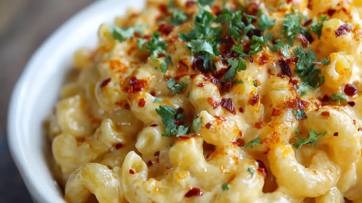 Close-up of creamy spicy mac and cheese with red pepper flakes and parsley in a white bowl