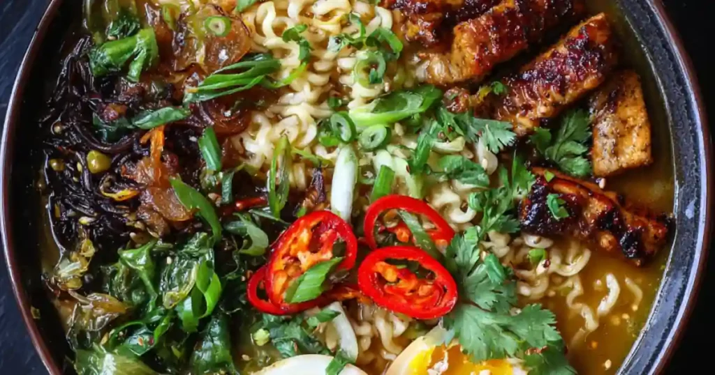 Bowl of spicy ramen with grilled pork belly, soft-boiled egg, fresh herbs, red chili, and scallions