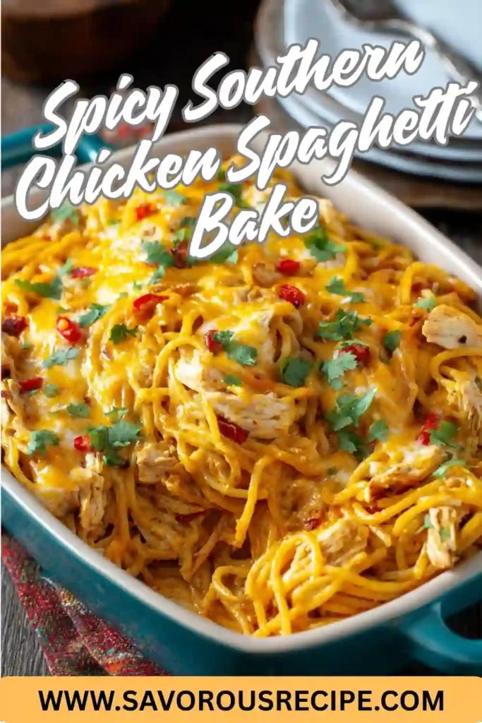 spicy Southern chicken spaghetti bake topped with cheese, red peppers, and fresh cilantro