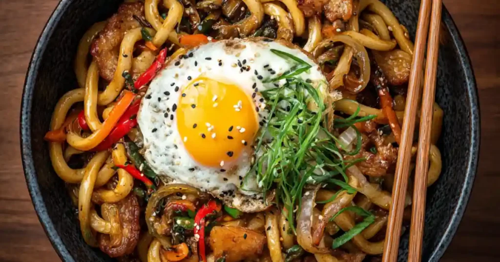 stir-fry noodles with vegetables, beef, and fried egg topped with sesame seeds and scallions