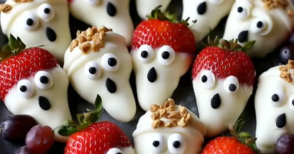 Strawberries dipped in white chocolate decorated as ghost faces with candy eyes and dark chocolate mouths