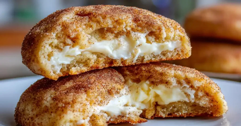 Soft snickerdoodle cookies filled with creamy cheesecake center and dusted with cinnamon sugar