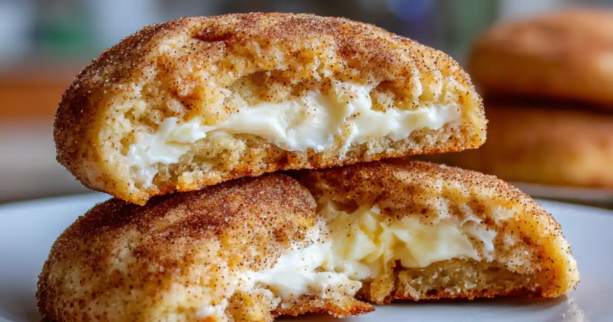 Soft snickerdoodle cookies filled with creamy cheesecake center and dusted with cinnamon sugar