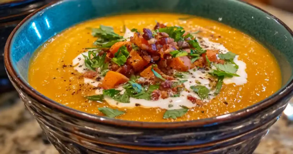 bowl of sweet potato and carrot soup topped with chopped herbs, bacon, and cream