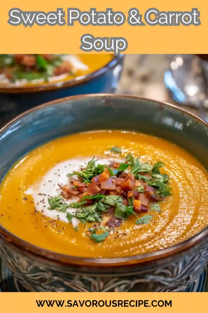creamy sweet potato and carrot soup topped with crispy bacon, parsley, and a swirl of cream