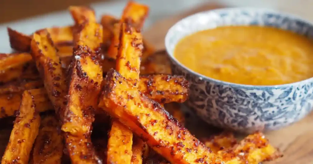 close-up of crispy baked sweet potato fries with spice crust and dipping sauce in patterned bowl