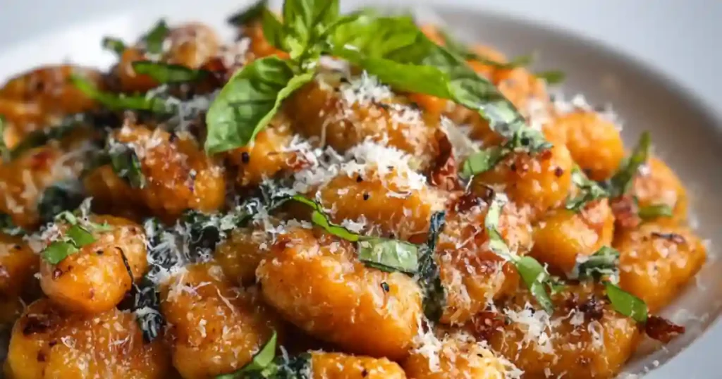 Close-up of sweet potato gnocchi topped with parmesan, basil, and cracked pepper on a white plate