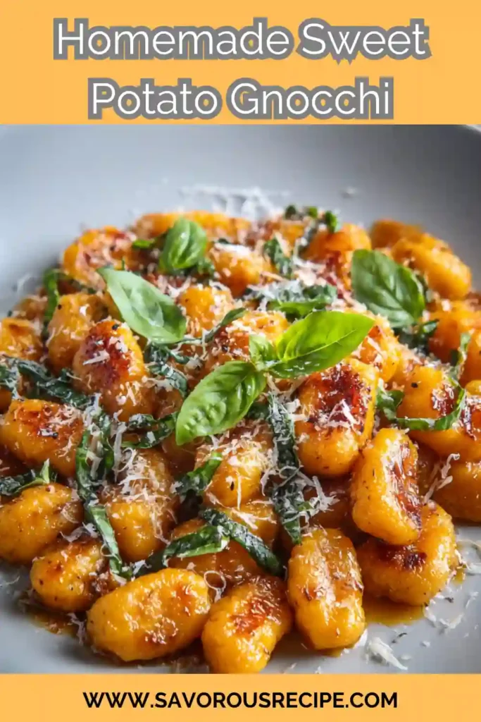 Sweet potato gnocchi served with basil and parmesan, styled on a plate for Pinterest