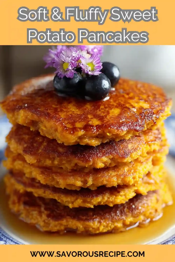 Stack of sweet potato pancakes topped with blueberries and purple flowers on a blue-patterned plate with syrup