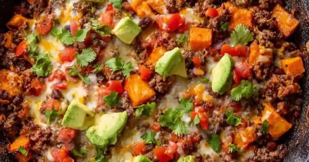 sweet potato taco skillet with melted cheese, ground beef, avocado chunks, tomatoes, and cilantro