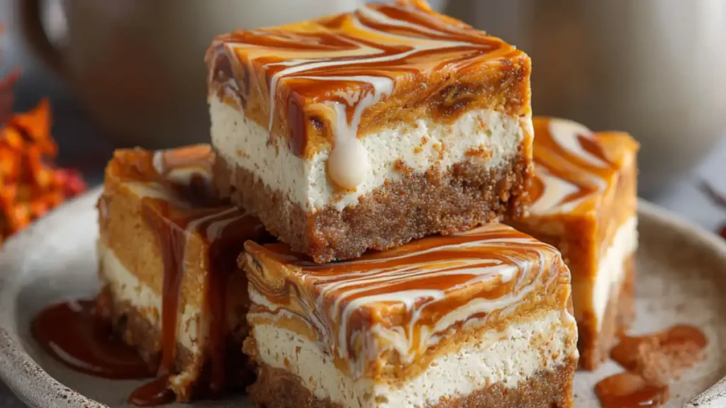 swirled caramel cheesecake bars with graham crust stacked on a plate