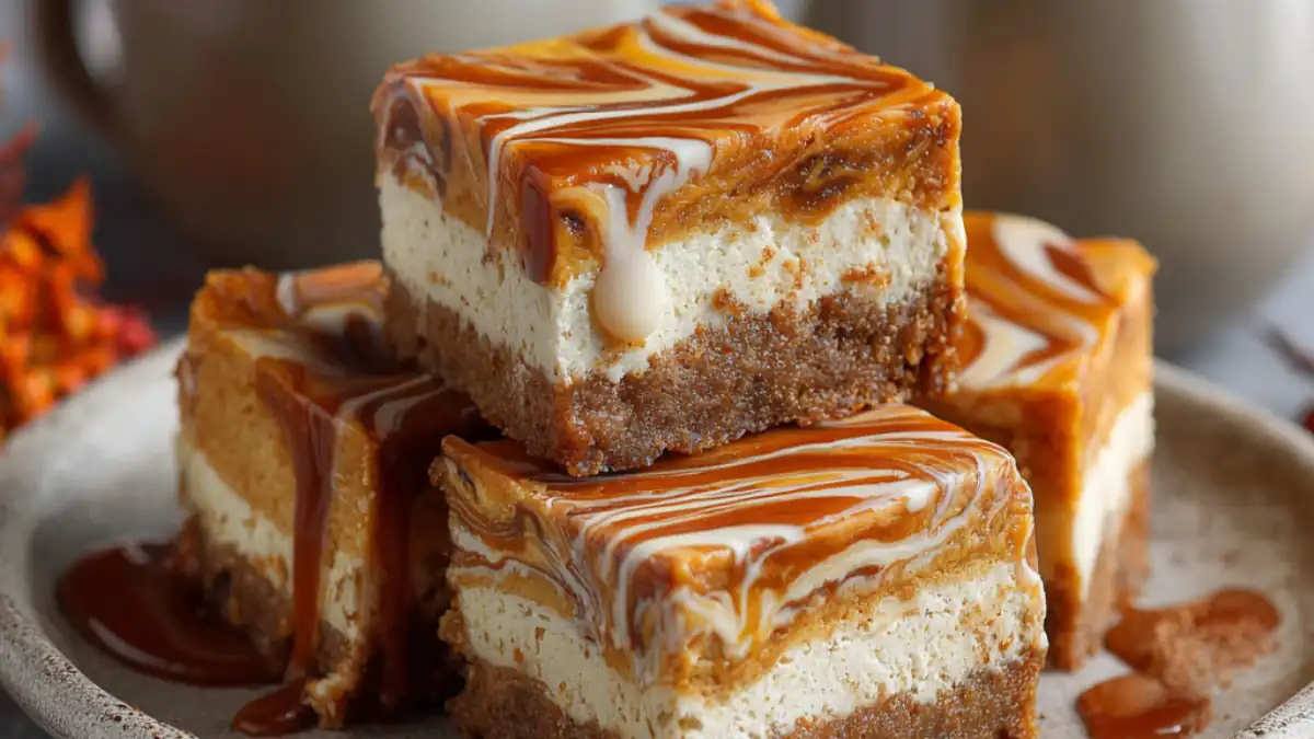 swirled caramel cheesecake bars with graham crust stacked on a plate