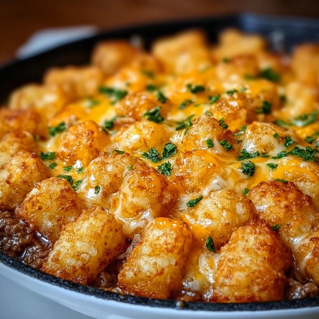 A hearty Tater Tot Casserole topped with golden crispy tater tots and melted cheese