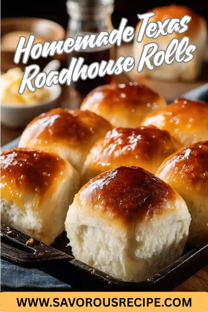 golden brown Texas roadhouse rolls with honey butter on rustic tray